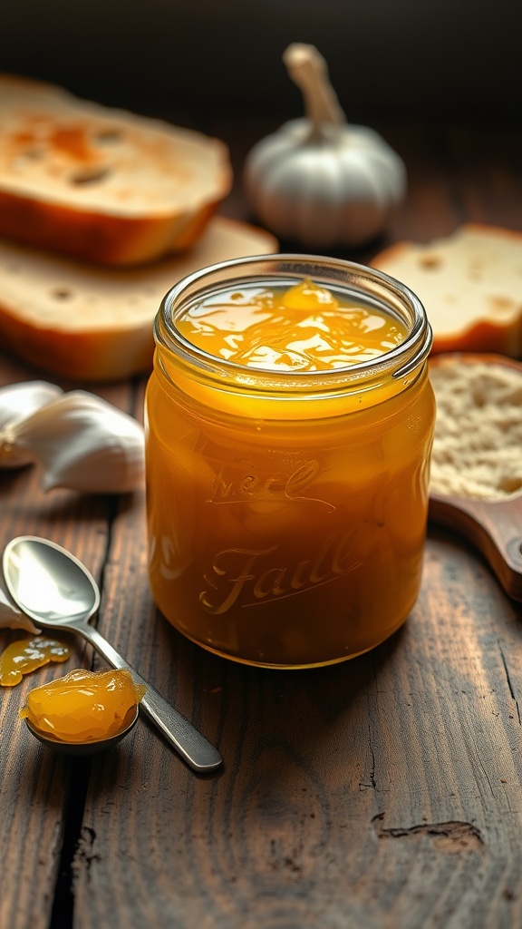 A jar of garlic jam with a spoon, alongside slices of bread and garlic bulbs on a wooden table.